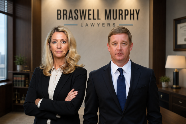 Two people standing before columns, one in a dark suit and one in a light blue top with arms crossed.