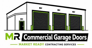 MR Commercial Garage Doors logo with gray warehouse and red/black text, “Market Ready Contracting Services”