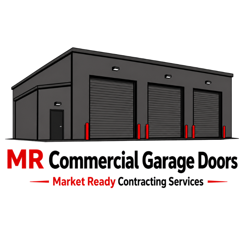 MR Commercial Garage Doors logo with gray warehouse and red accents, Market Ready Contracting Services text