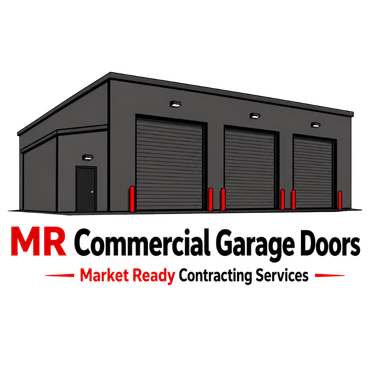 MR Commercial Garage Doors logo with gray warehouse and red accents, Market Ready Contracting Services text