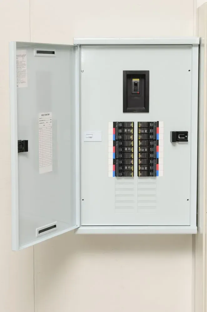 Open Electrical Panel With Circuit Breakers on a White Wall — KACE Electrical Solutions In Highfields, QLD