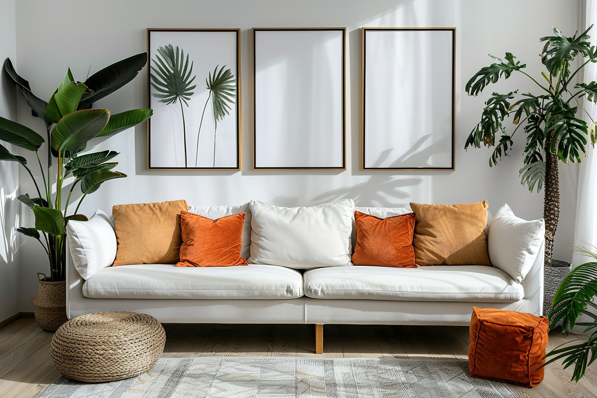 A living room with a white couch and orange pillows.