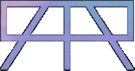 Abstract geometric shape in blue and purple, resembling stacked letter "A"s.