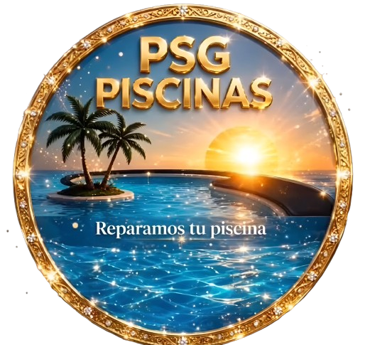 Logotipo de limpieza de piscinas del PSG con palmeras, puesta de sol y eslogan en español “Reparamos tu piscina”.