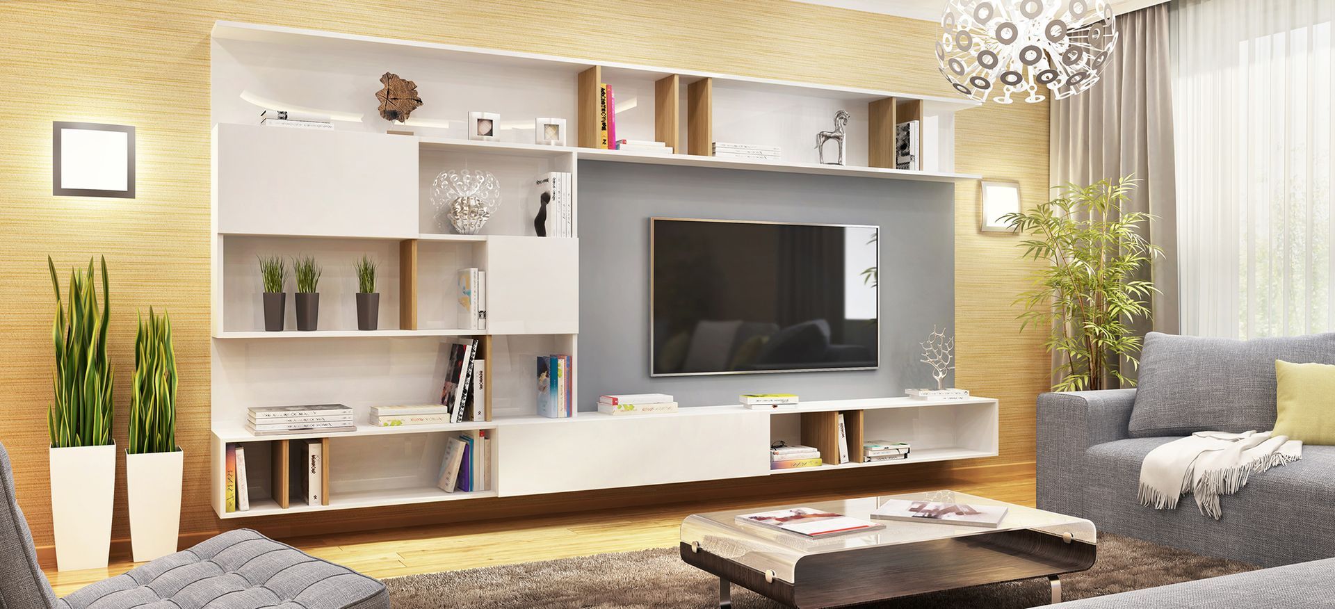 A living room with a couch , chair , coffee table and television.