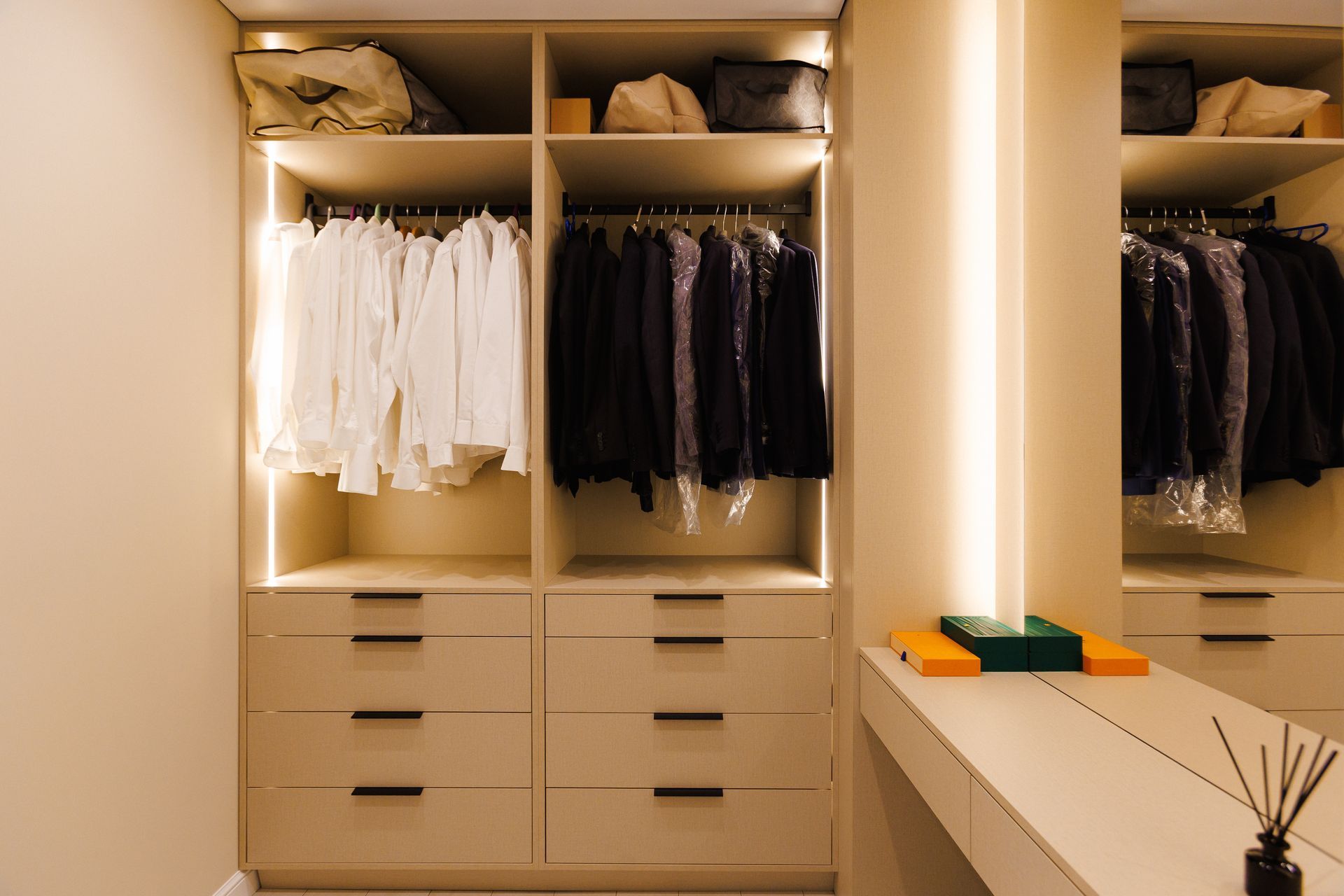 Custom illuminated wardrobe with premium storage and styling.