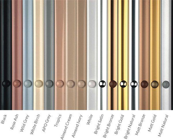 A color palette showing vertical samples of various finishes and shades with text labels below each one.