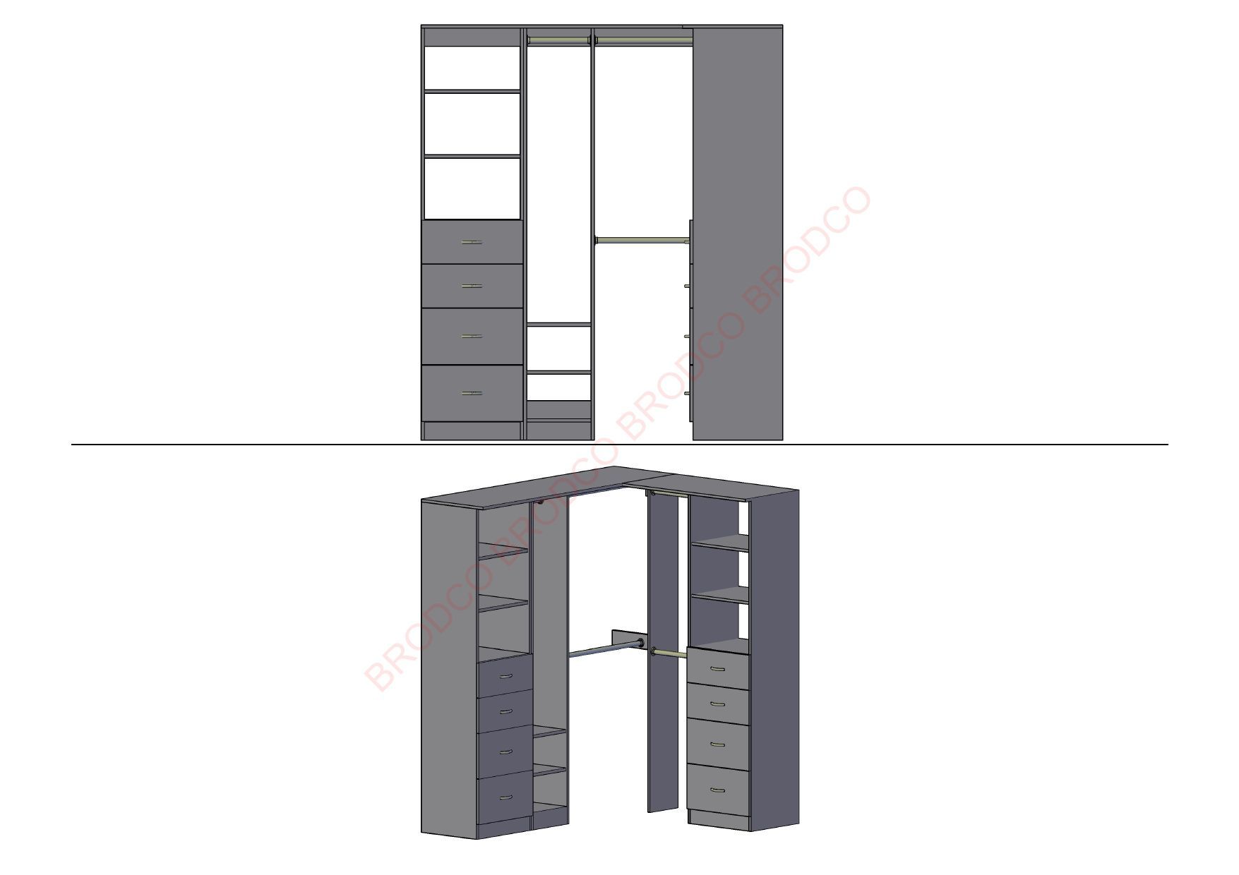A drawing of a closet with a door and drawers