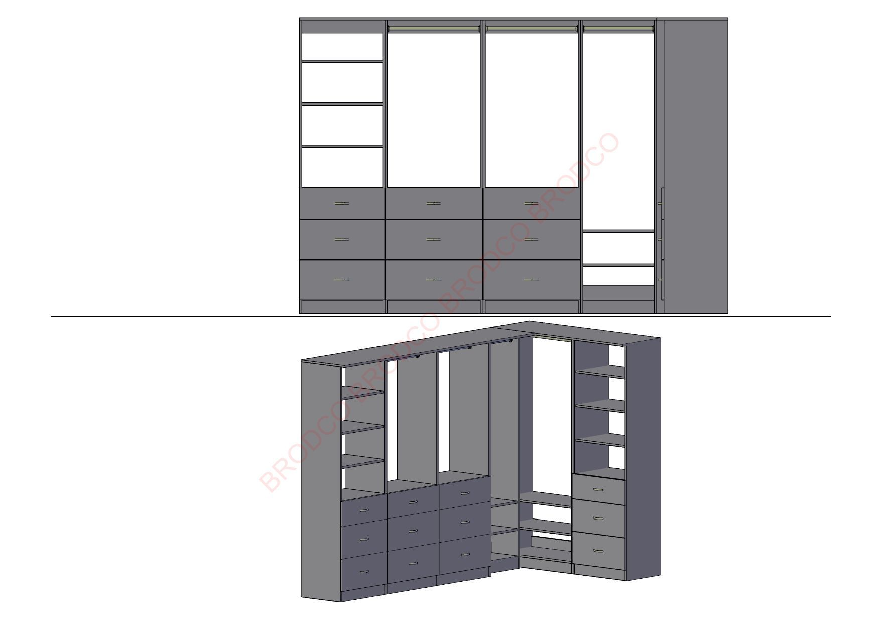 A drawing of a closet with drawers and shelves