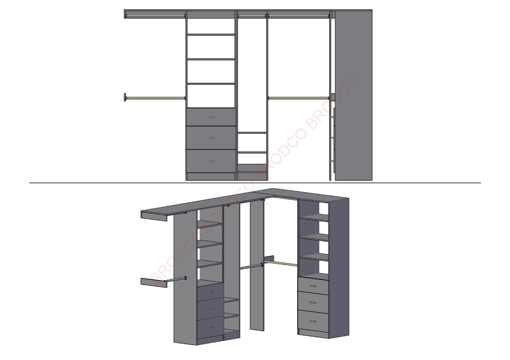 A drawing of a closet with shelves and drawers
