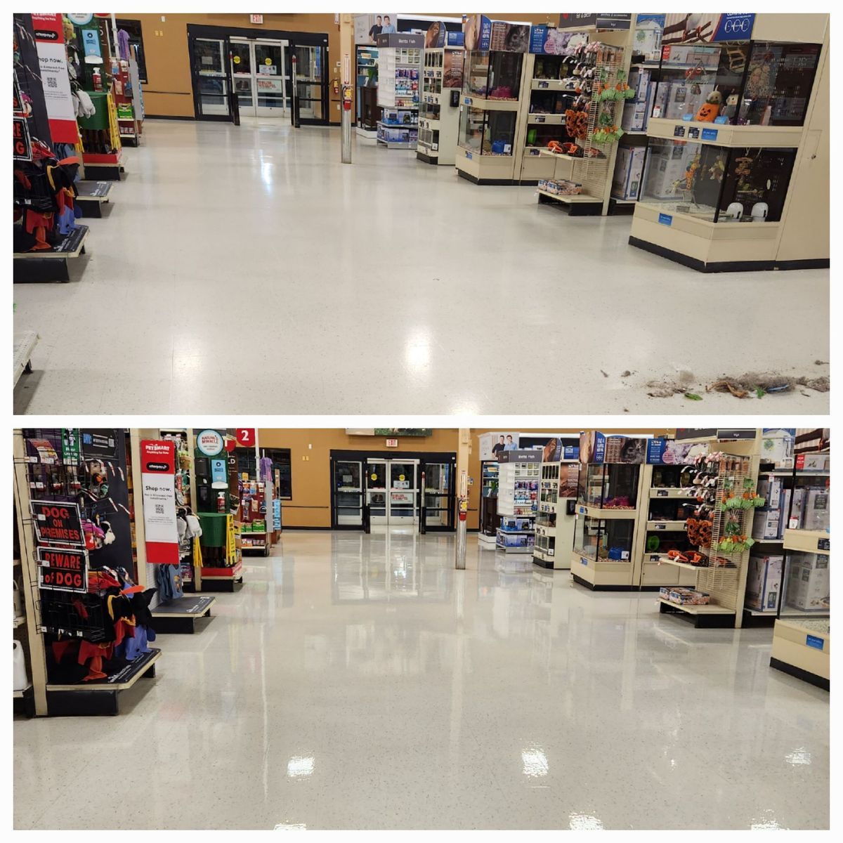 Split view showing a retail aisle with shelves on both sides, focused on a polished, reflective floor leading to an exit.