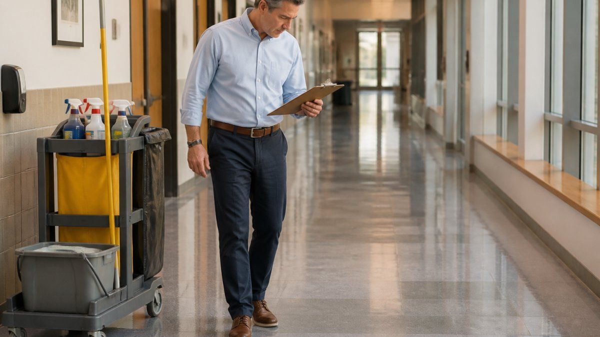 Facility manager using a janitorial inspection checklist for vendor management to evaluate a cleaned office floor.
