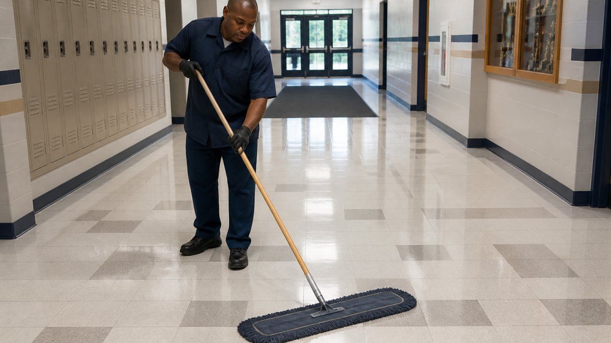 A janitorial worker dust mopping a wide commercial VCT tile floor in a bright school hallway, with a walk-off mat visible near the entrance doors behind them
