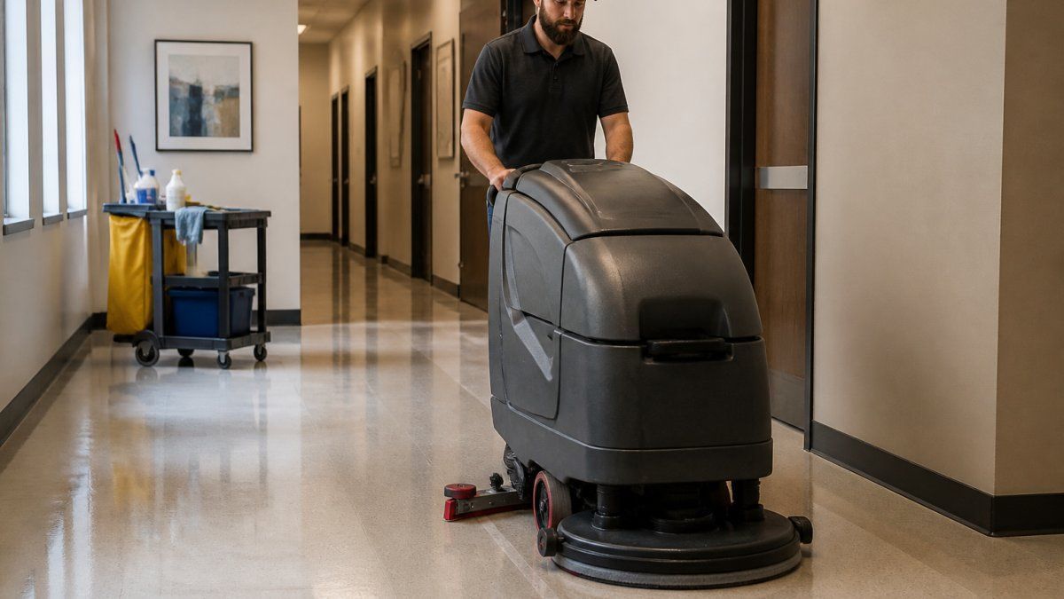 Technician using a floor scrubber for facility operations maintenance