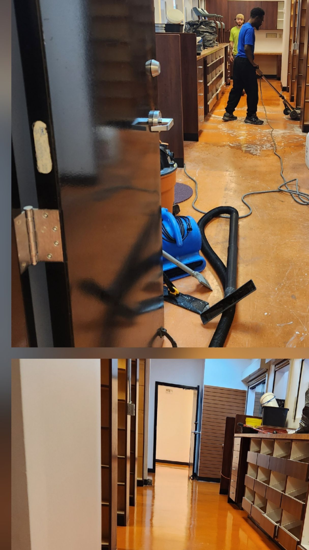 Workers clean a floor in a cluttered hallway with industrial equipment, shown in a split-screen before and after view.
