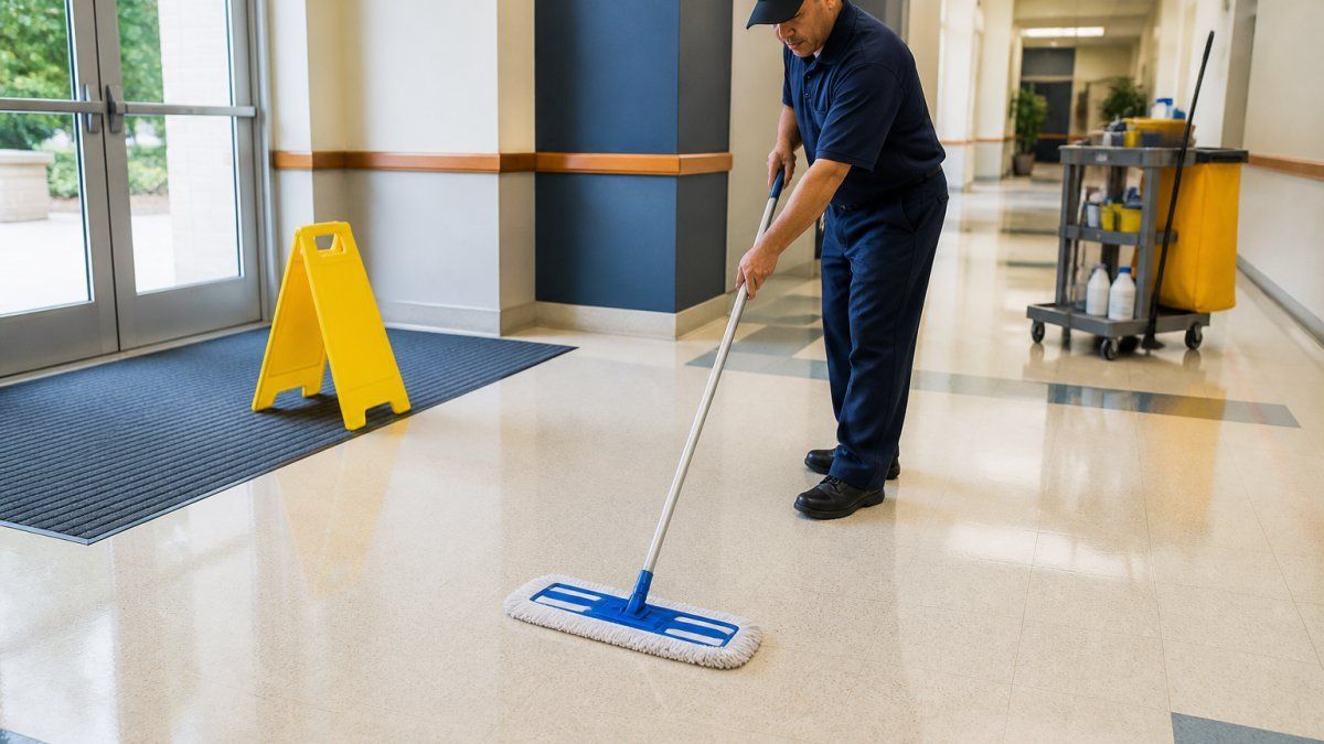 Janitor using a microfiber mop on a polished office floor following best practices for maintaining high traffic floors