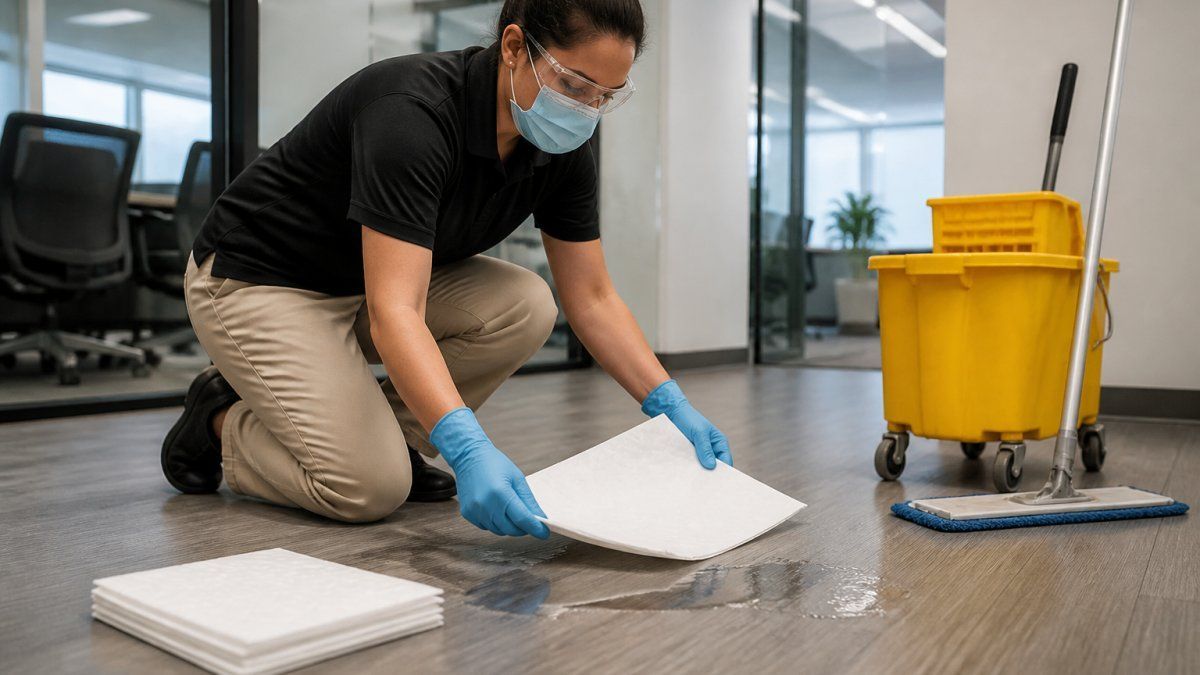 Professional cleaner using absorbent materials to maintain cleaner safer environments in a commercial office space