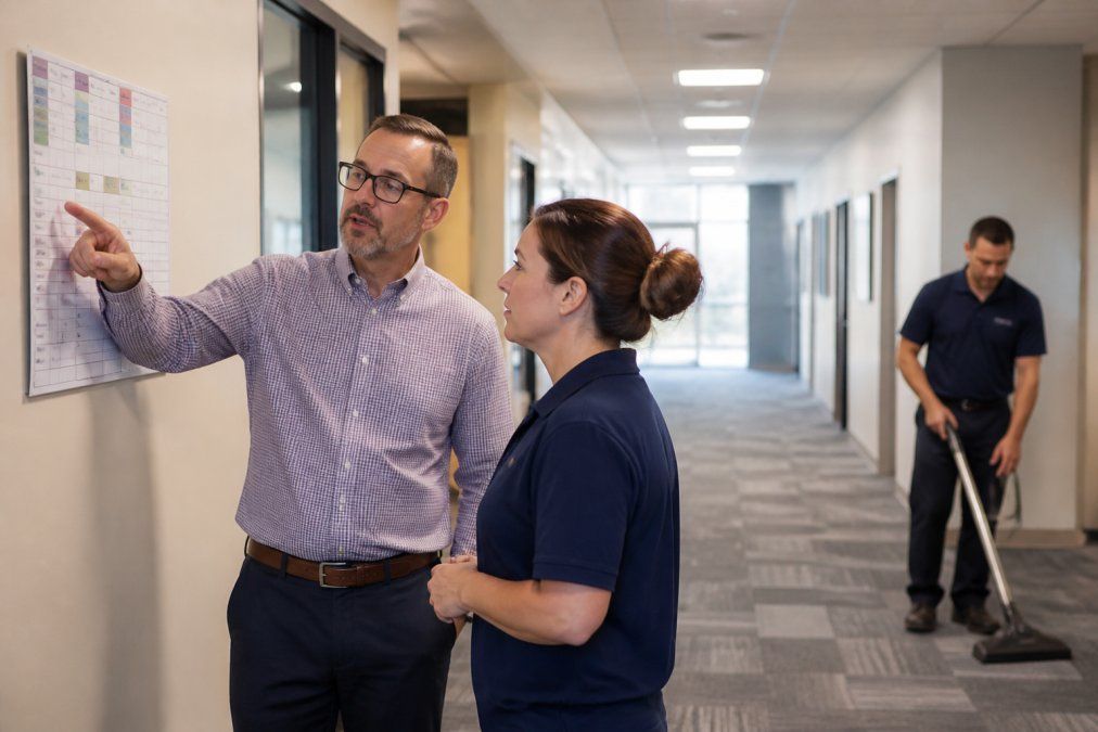 Facility manager reviewing a carpet maintenance schedule as a cleaner vacuums the commercial hallway.