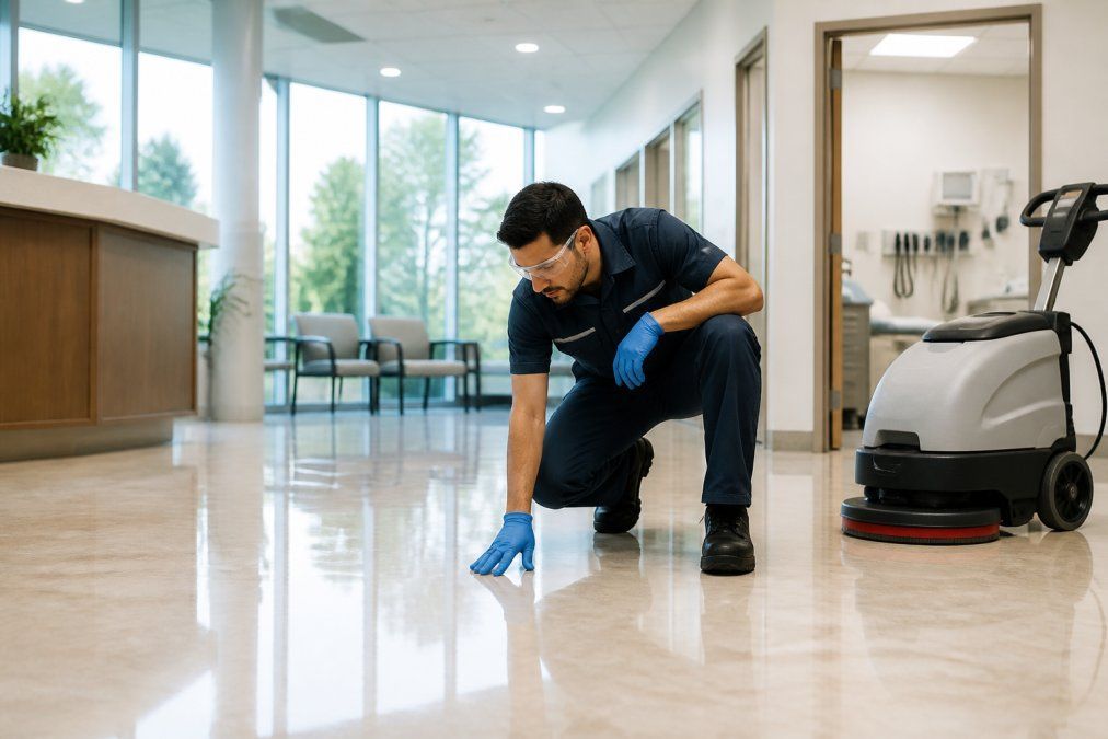 Technician in uniform performing commercial floor care in a bright medical office