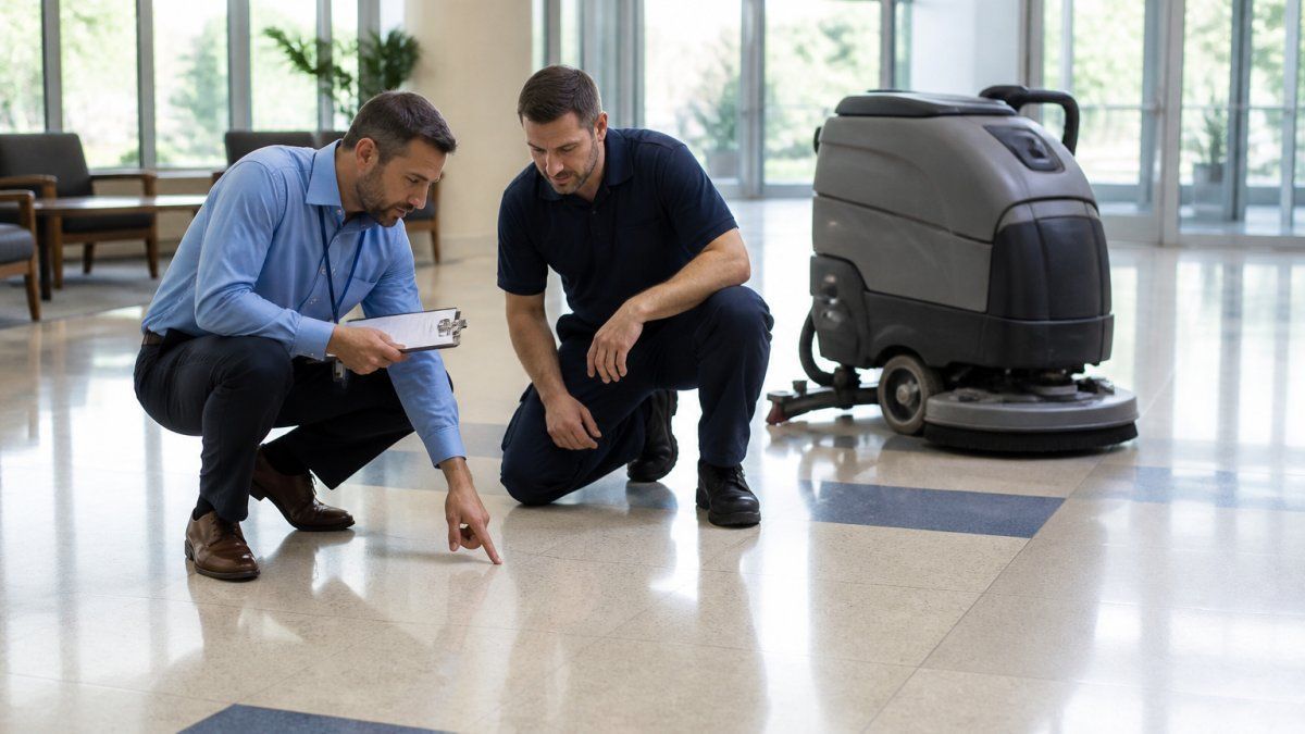 Facility manager and technician inspecting a vinyl lobby floor as part of commercial flooring maintenance