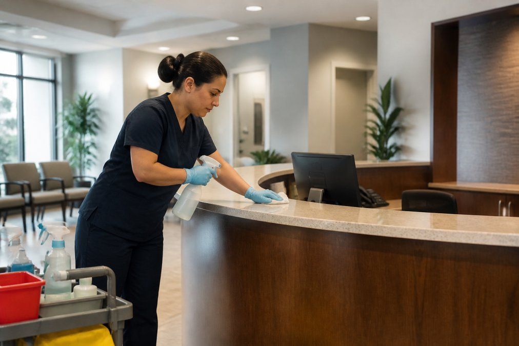 Professional janitorial staff member in uniform cleaning and sanitizing a medical office reception area with meticulous attention to detail, using approved disinfectants and equipment
