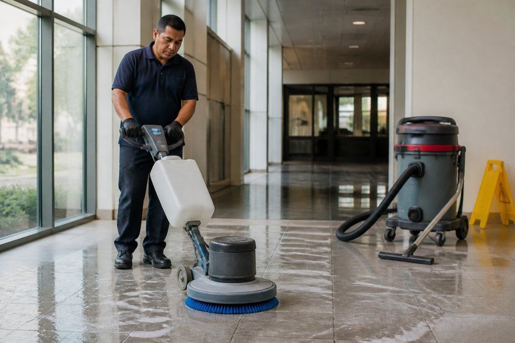 Professional cleaner using a commercial scrubber for tile and grout cleaning in a large hallway