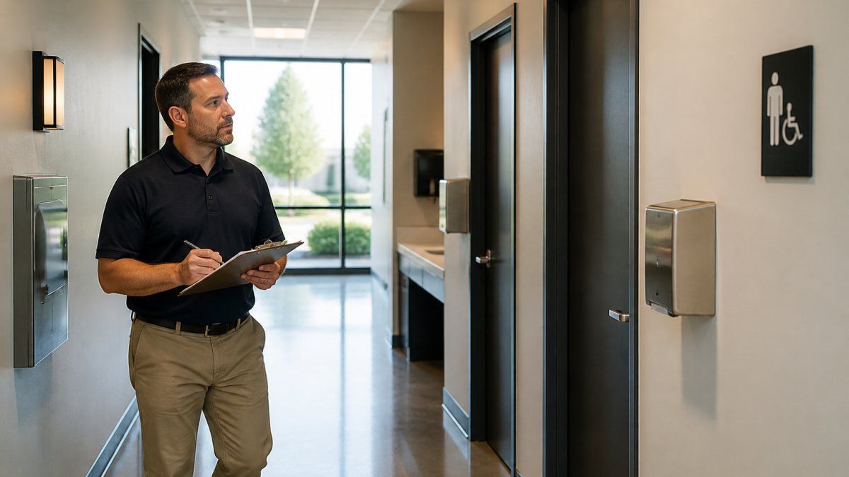 A facility manager walking through a commercial office hallway with a clipboard, inspecting restroom doors and high-touch surfaces during a daytime walkthrough, natural window light
