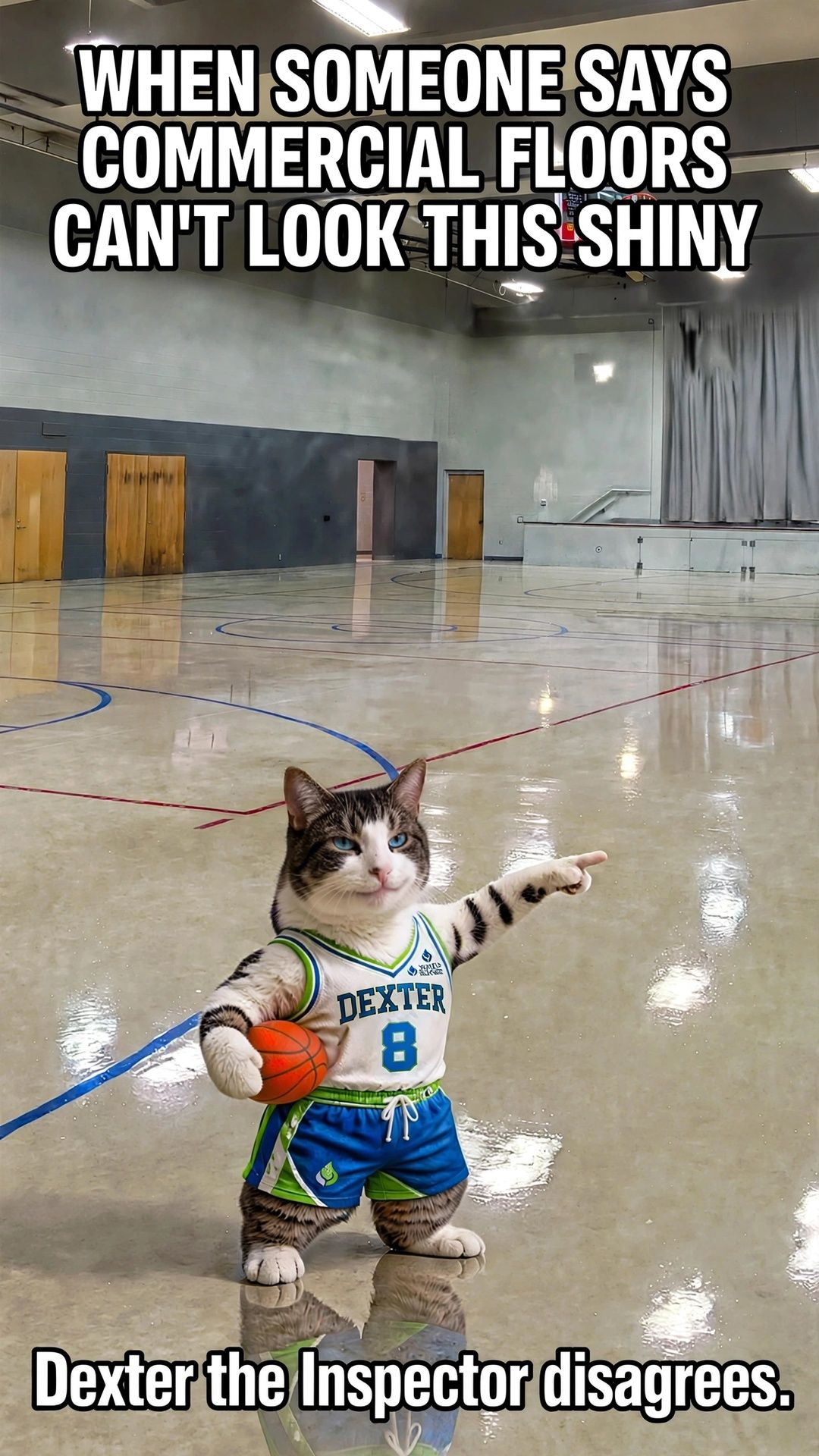Cat mascot in basketball jersey pointing at highly reflective commercial gym floor after professional floor waxing and buffing service by A Smarter Clean LLC in Harbeson, Delaware - mirror shine shows ceiling lights reflection