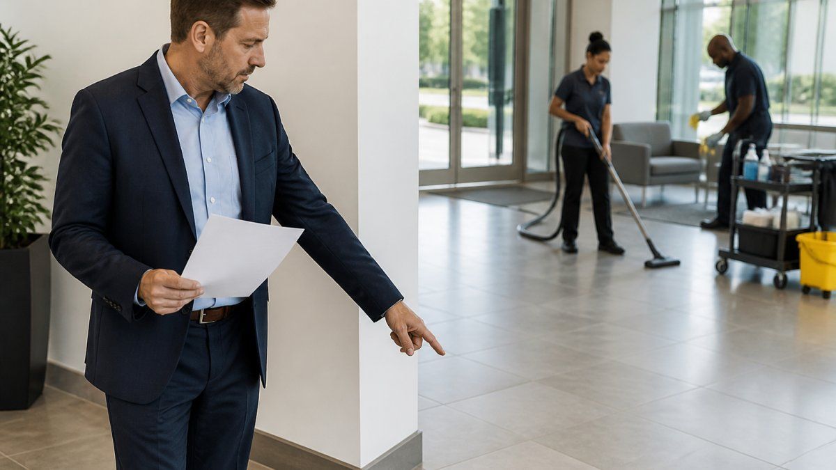 A facility manager in business attire reviewing a printed checklist while walking through a bright commercial office lobby, pointing at baseboards and floors as a cleaning crew works in the background