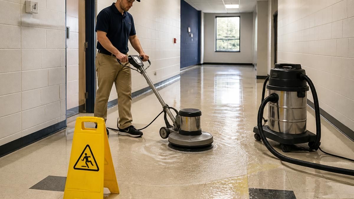 Technician using a floor machine for VCT floor restoration in a hallway with a wet vacuum and caution sign