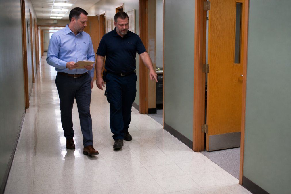 Facility manager and technician inspecting a VCT floor to determine stripping and waxing cost