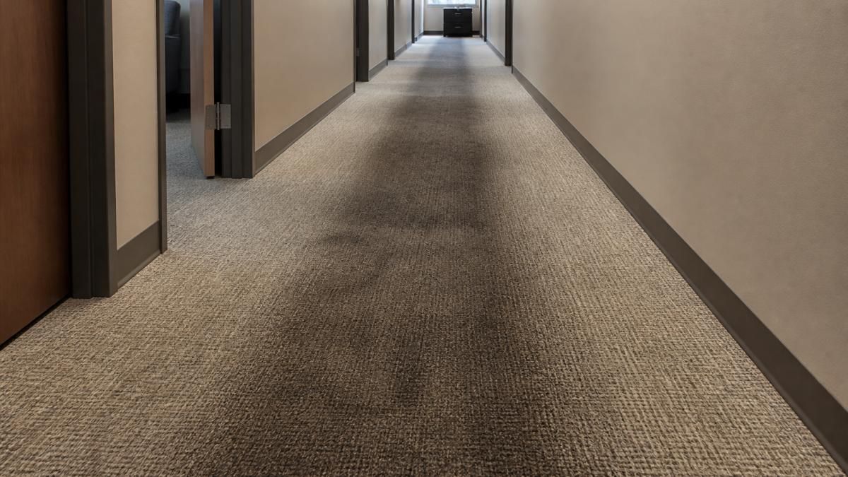 Dark, matted path of heavy traffic carpet stains cutting through a clean commercial office hallway.