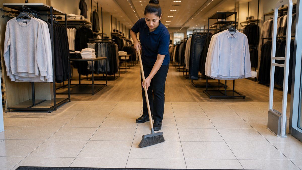 Retail store employee sweeping clean tile retail floors before opening