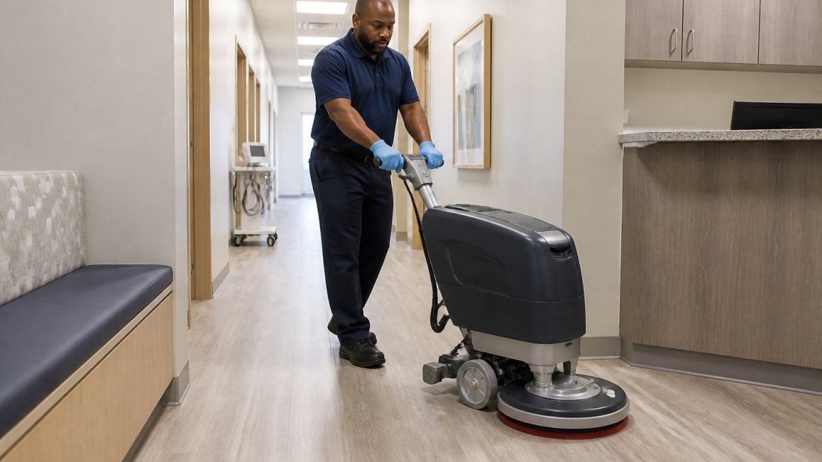 Professional demonstrating proper technique with low-speed floor scrubber on commercial LVT flooring in medical office setting with neutral lighting and clean surface