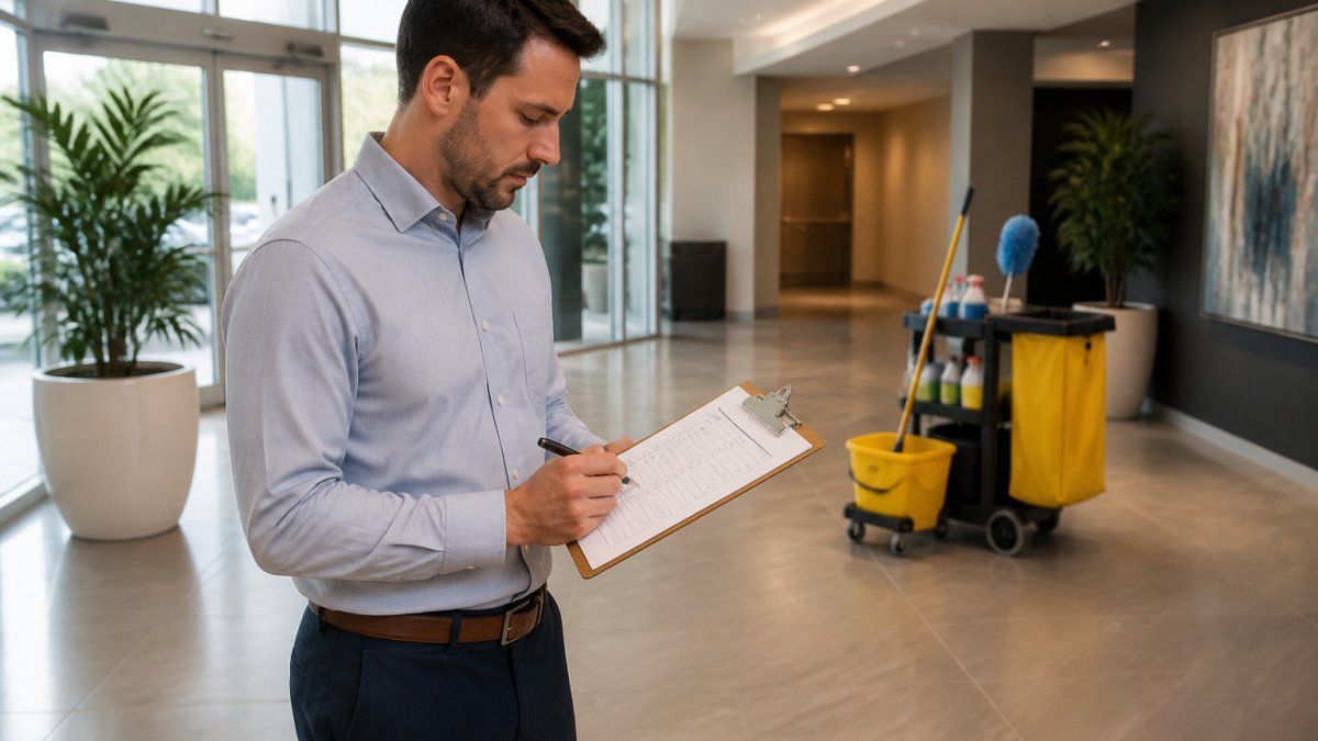 Facility manager using an outsourcing checklist while inspecting a clean commercial office lobby