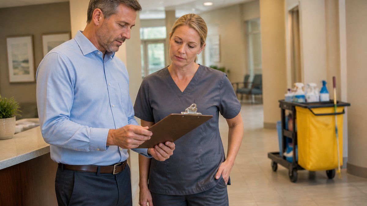 Facility manager and supervisor reviewing a scope of work document in a medical office to evaluate cleaning services.