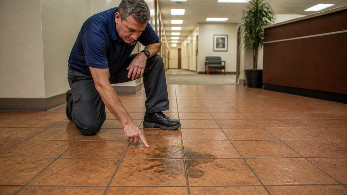 Facility manager inspecting a stubborn dark stain on commercial unglazed tile in an office hallway