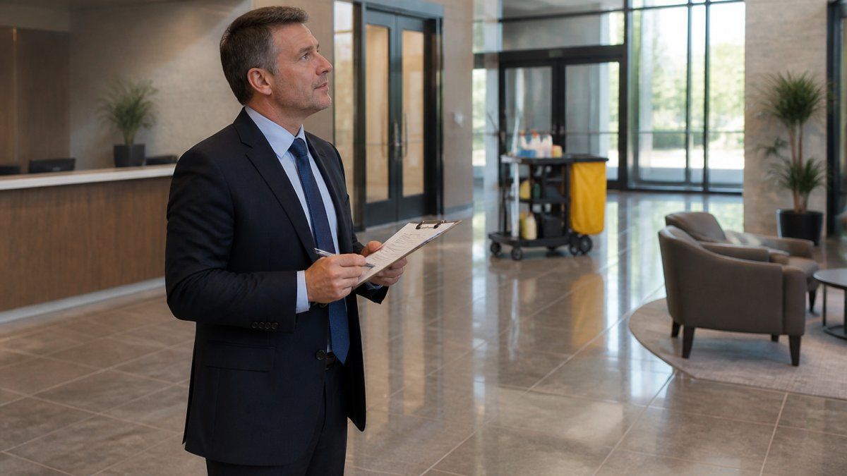 Facility manager checking janitorial quality with a clipboard in a clean office lobby