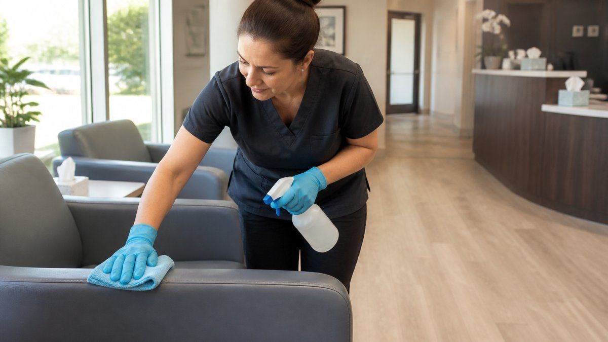 Professional cleaner wiping down chairs in a dental waiting room as part of clinical disinfection.