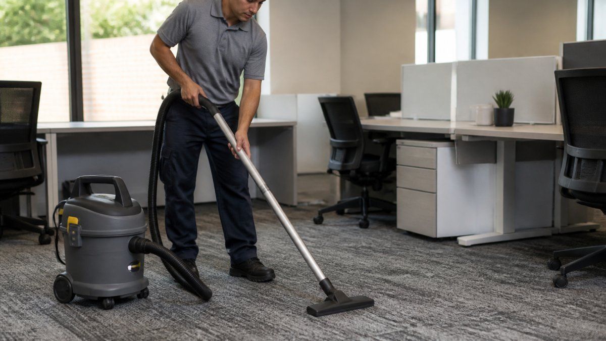 Technician using a HEPA vacuum for safe carpet cleaning in a modern office workspace
