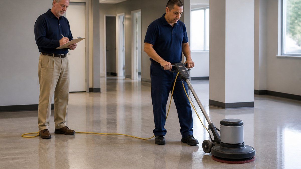 Technician performing floor maintenance as part of a facility management outsourcing program for an office.