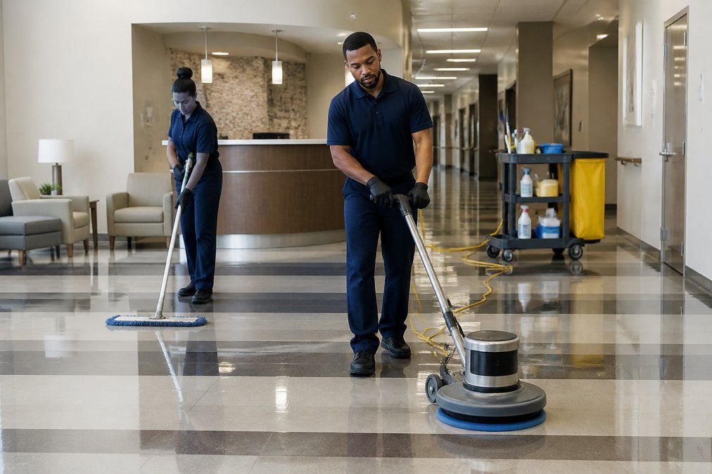 Commercial cleaning crew burnishing a medical office floor as part of facility management outsourcing services.