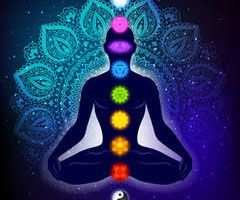 A silhouette of a person in a lotus position with chakras.