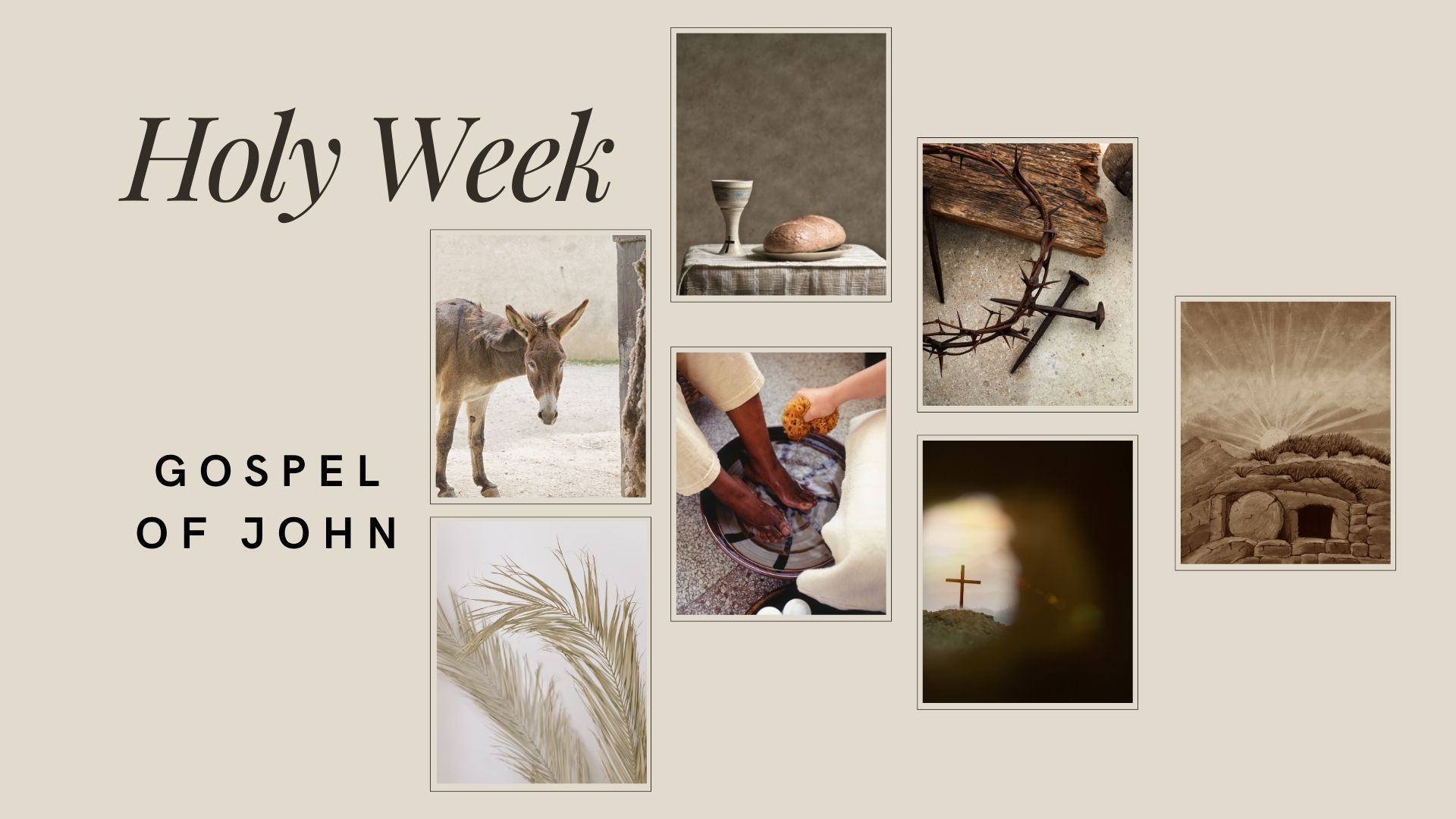 Holy Week graphic with donkey, chalice, nails, palm fronds, foot washing, empty tomb, and cross.