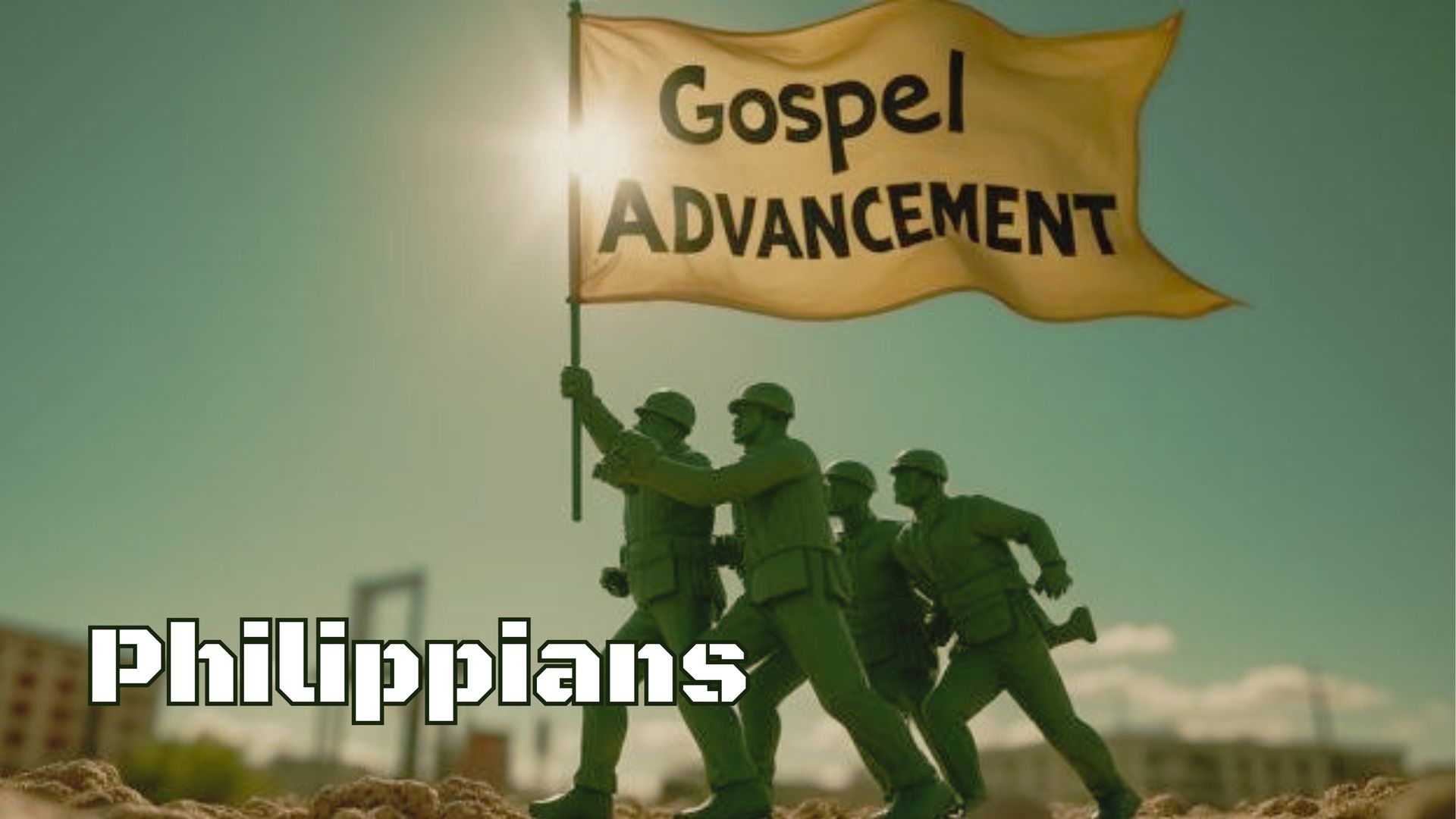 People raising a flag reading “Gospel Advancement” with “Philippians” text over a field background
