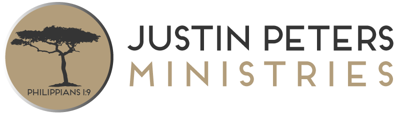 Logo for Justin Peters Ministries: tree silhouette in gold circle, text 