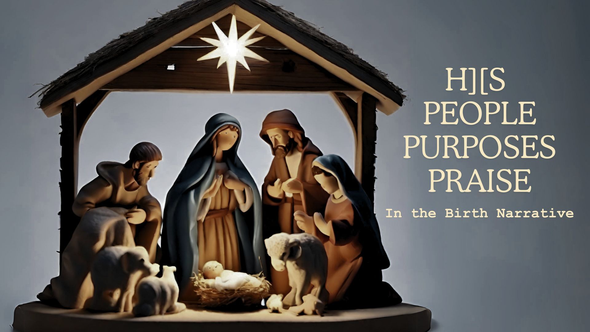 Nativity scene, figures around baby Jesus in a manger, with text: 
