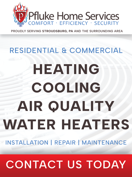 Advertisement for Pfluke Home Services: heating, cooling, air quality, and water heater services.