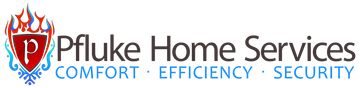 Logo for Pfluke Home Services: red shield with 