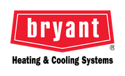 Bryant Heating & Cooling Systems logo in white text on a red hexagon. Below, black text.